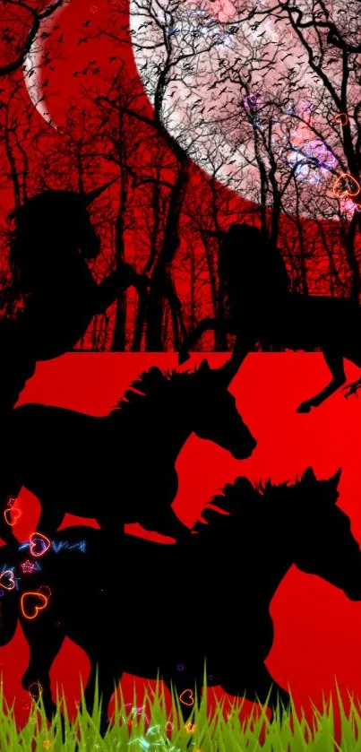 Silhouette of horses against a red, moonlit background with tree outlines.