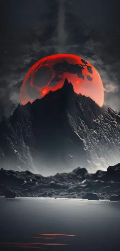 Mystical red moon over dark mountains with dramatic sky.