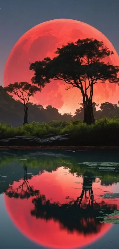 Red moon reflecting over a tranquil forest landscape.