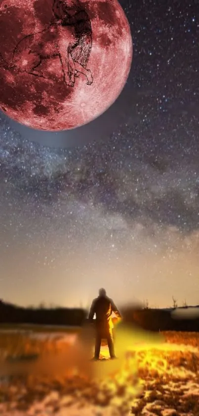 Person under a vibrant red moon in a starry night sky with a wolf illustration.