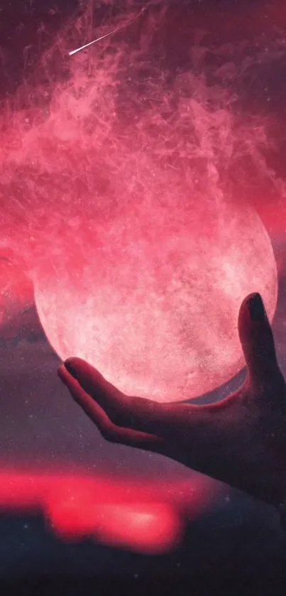 Hand holding a glowing red moon, mystical phone wallpaper.