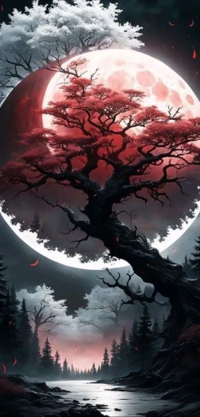 Mystical red moon with trees in serene night scene.