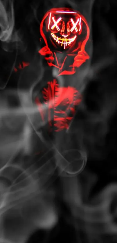 Mystical red neon mask with smoke on a dark background.