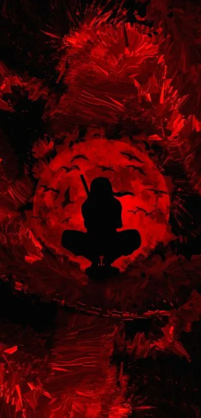 Red ninja silhouette with mystical background.