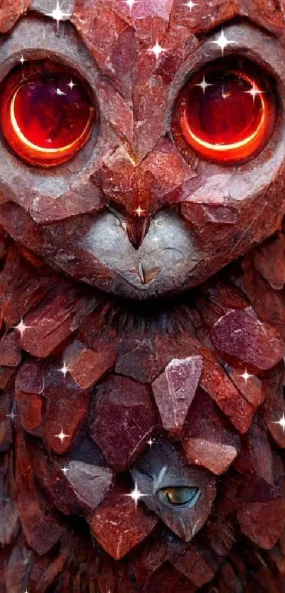 Intricate red owl with glowing eyes on a dark background.