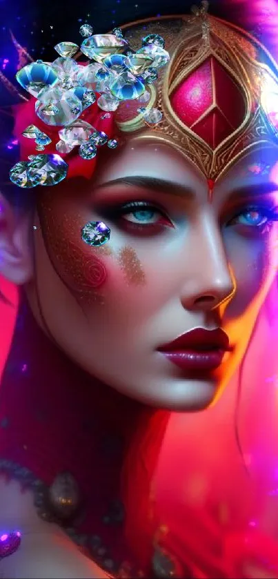 Mystical woman with red headdress in vibrant digital artwork.