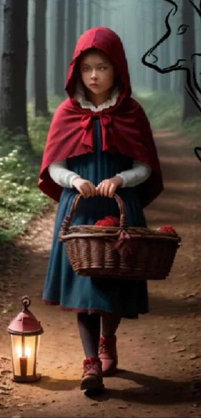 Red Riding Hood in mystical forest with lantern.