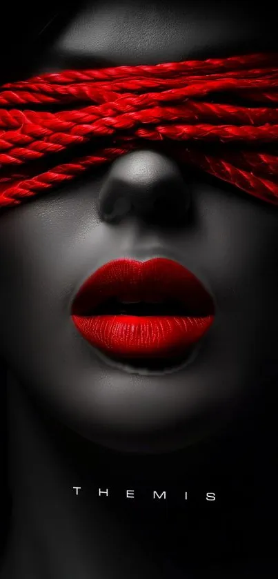 Artistic wallpaper featuring red rope blindfold and bold lipstick on a mysterious face.