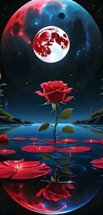 Mystical red rose on water under a full moon