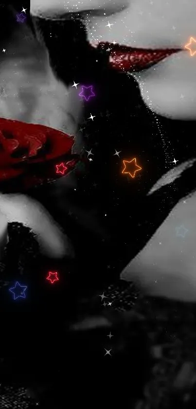 Mystical dark wallpaper with red rose and colorful stars.