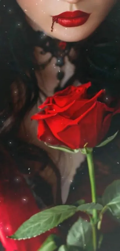 A mysterious figure holding a vibrant red rose against a dark background.