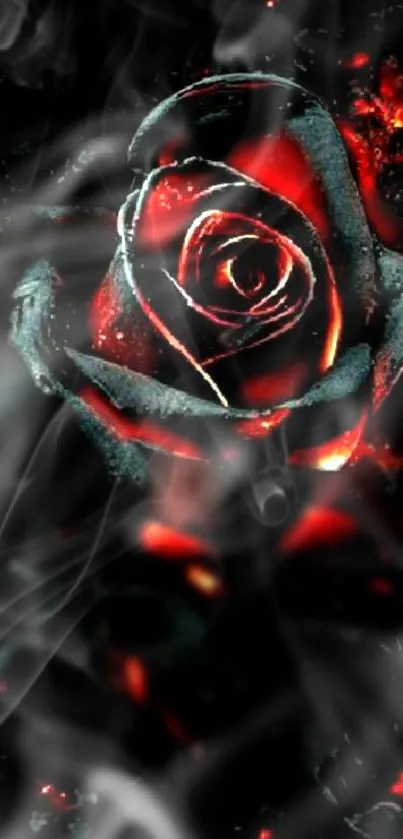 Mystical red rose with smoke effect on a dark background.