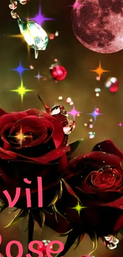 Dark red rose with mystical full moon on floral wallpaper.