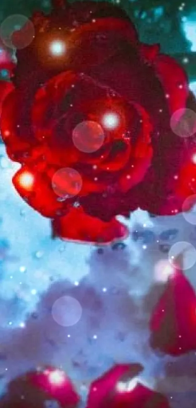 Mystical red rose with glowing petals and blue mist background.