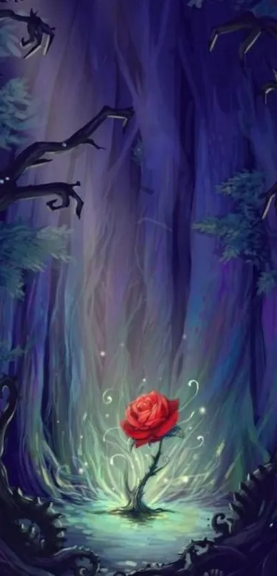 Mystical red rose in enchanted forest wallpaper.