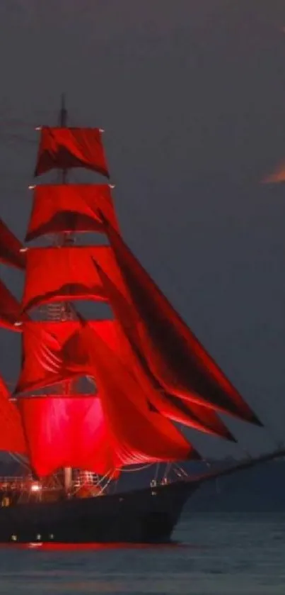Mobile wallpaper of a ship with red sails under a crescent moon.