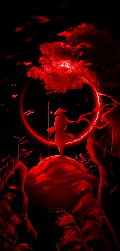 Red samurai silhouette in a fantasy forest with glowing elements.