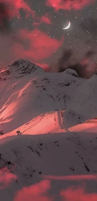 Snowy mountains under a mystical red sky at night.