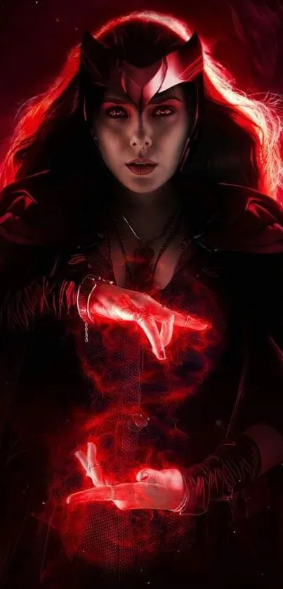 Mystical red sorceress using magical energy in enchanting wallpaper.