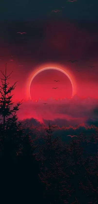 Mystical red sunrise with a silhouetted forest and birds under a vibrant sky.