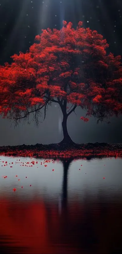 A mystical red tree reflected on water under a starry night sky.
