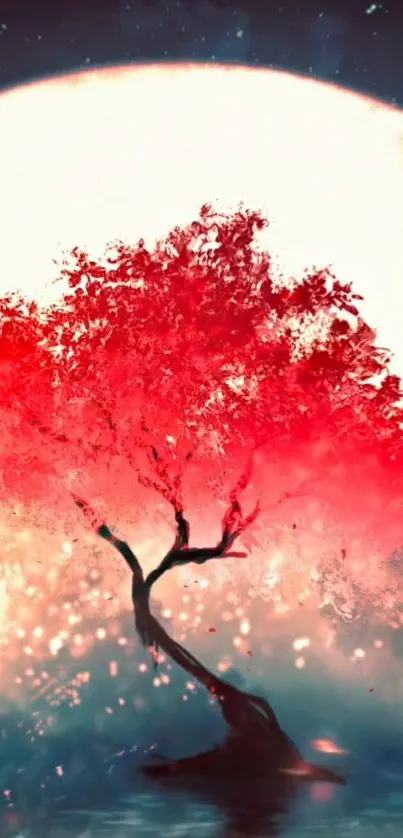 Magical red tree under a full moon at night.