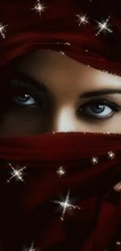 Mystical red veil wallpaper with striking eyes and starry accents.