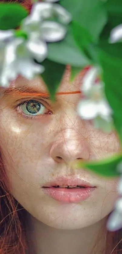 Red-haired woman with green eyes amidst white flowers and green leaves.