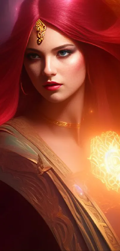 Fantasy wallpaper of a mystical red-haired sorceress with glowing magic aura.