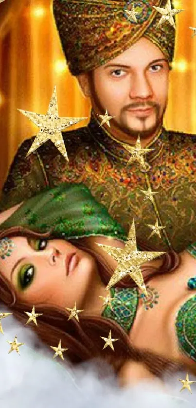 Regal couple with green and gold attire, surrounded by stars in a mystical setting.