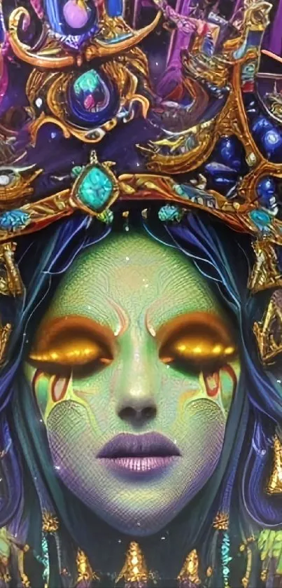 Colorful fantasy figure with golden eyes and a regal headdress.