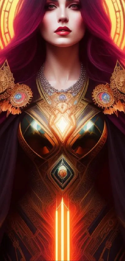 Mystical regal woman in vibrant artwork.