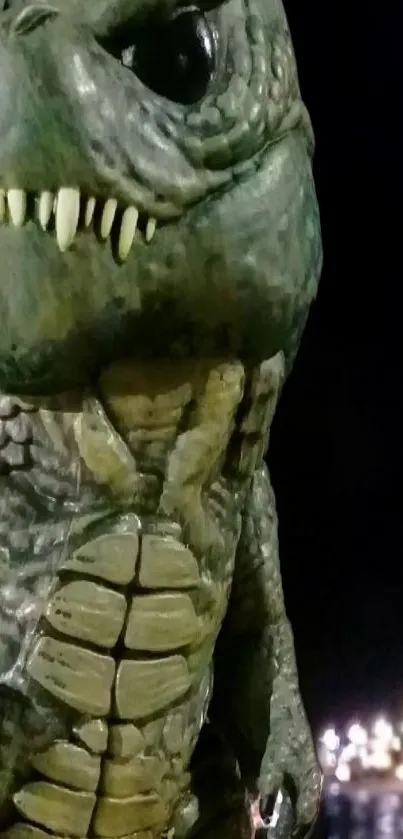 Mystical reptile figure at night near illuminated waterfront.