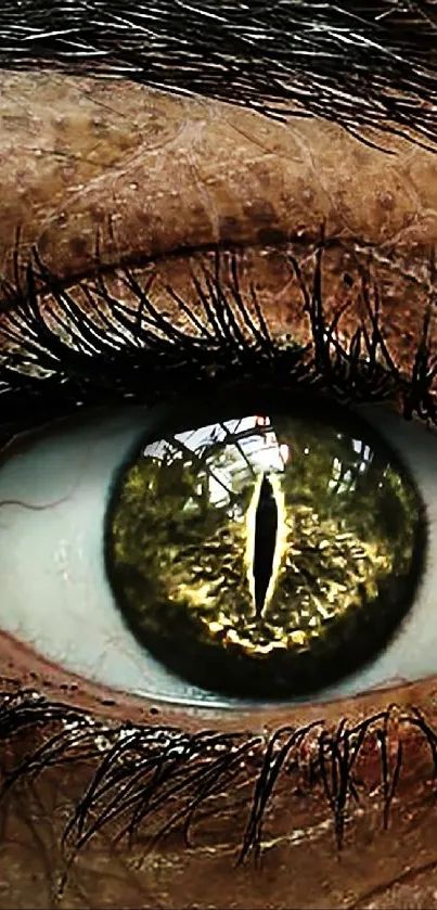 A mysterious reptilian eye with brown textures and green iris.