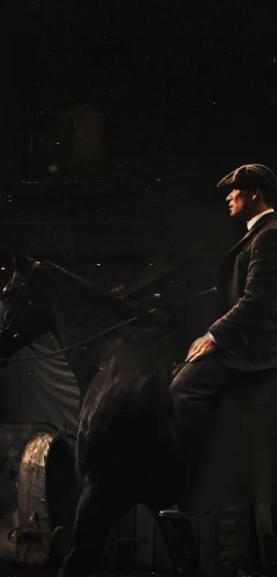 A mysterious rider on horseback in a dark, atmospheric setting.