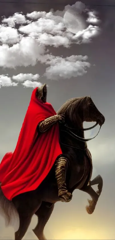 A knight in red cloak riding a horse against a cloudy sky.