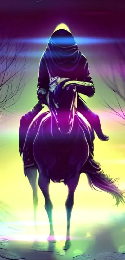 Mystical horse rider with neon glow on mobile wallpaper.