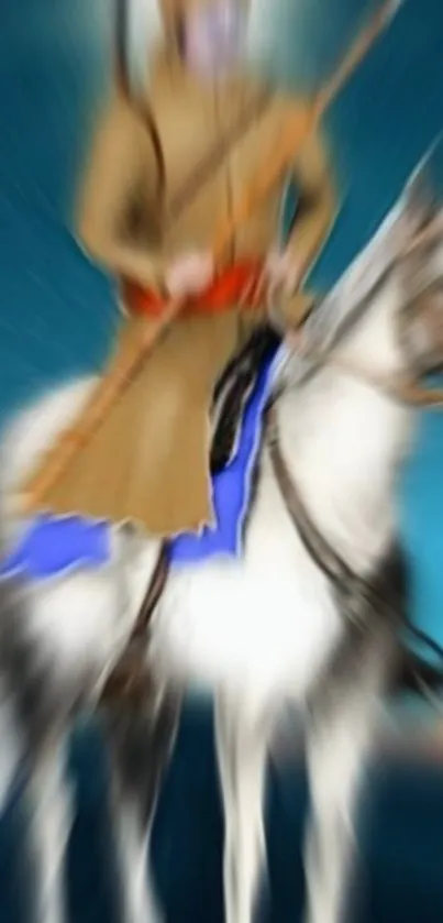 Blurred mystical rider on horseback with blue backdrop.