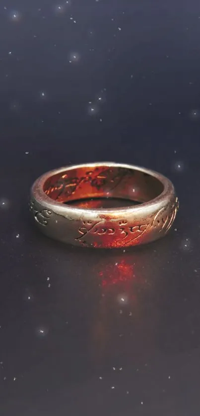 Golden ring with mystical engravings in a cosmic setting.