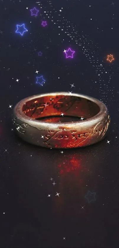 Mystical ring surrounded by colorful stars on a dark background.