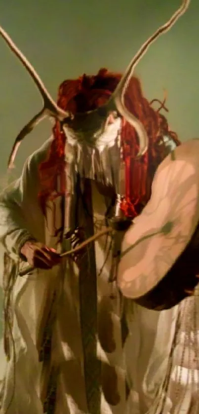 Mystical drummer in ritual attire with a large drum and forest backdrop.