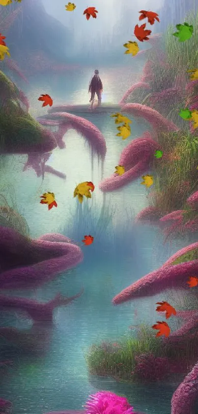 Mystical river scene with pink flora and serene waters in a fantasy setting.