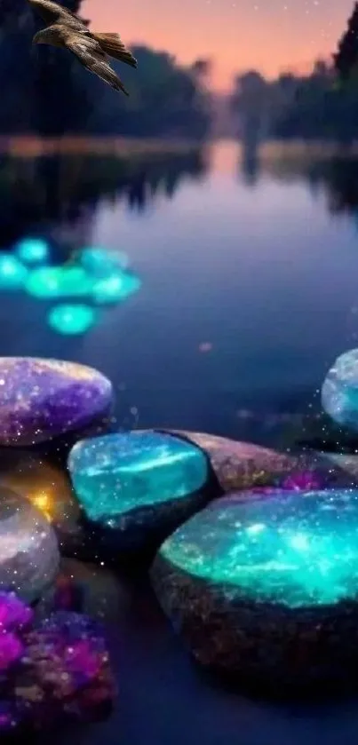 Mystical river with glowing stones and a vibrant twilight sky.