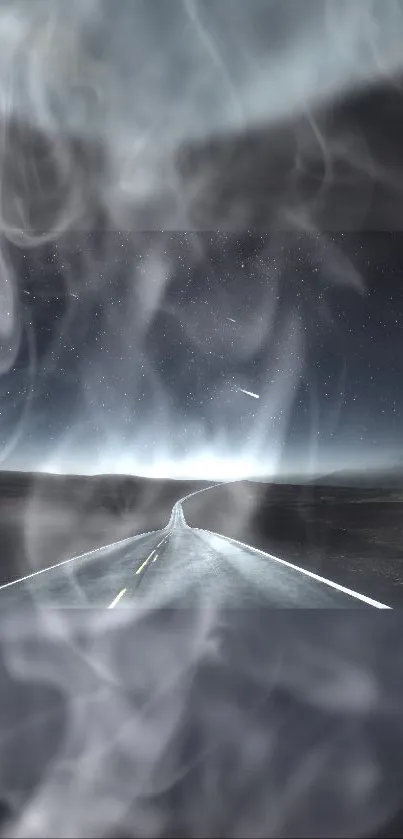 Mystical road under a starry sky with mist enveloping the scene.