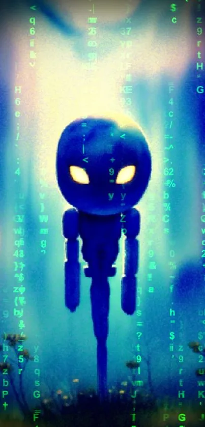 Glowing robot in a mystical blue forest, perfect for mobile wallpaper.