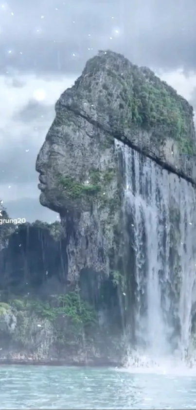 Rock formation with face shape and cascading waterfall in mystical setting.