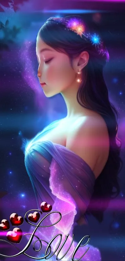 Mystical woman with cosmic elements and romantic purple hues.