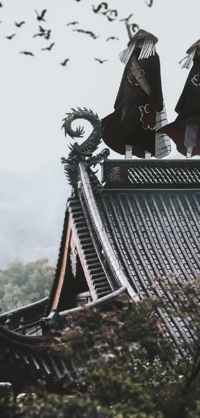 Silhouetted figures on a roof with birds and misty mountains.