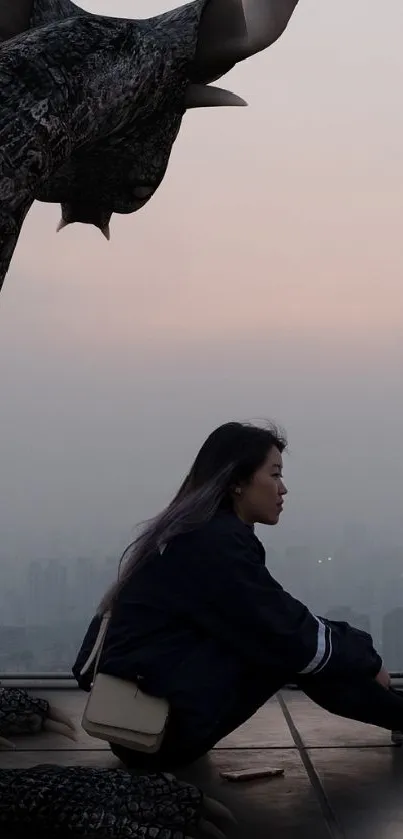 A person sits beside a dragon statue atop a rooftop with a sunset city view.