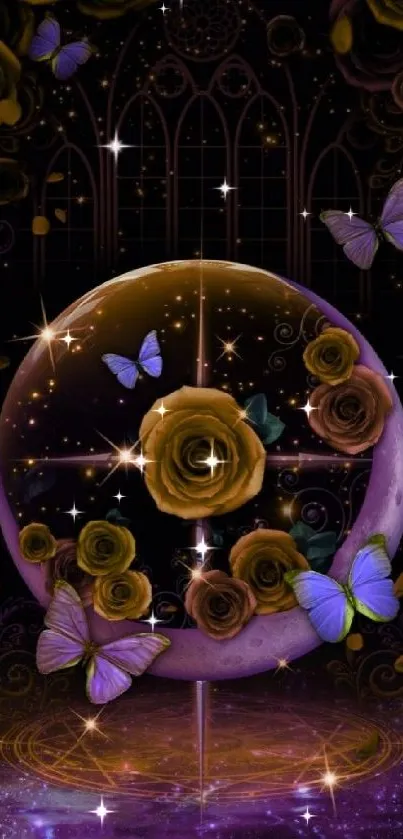 Mystical roses and butterflies on a dark cosmic background.